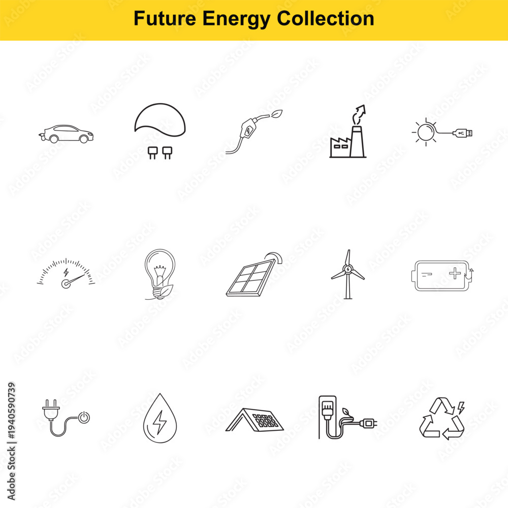 Fototapeta premium Future energy icon set illustrates sustainable technology including electric vehicles, solar panels, wind turbines, and battery storage for environmental solutions.