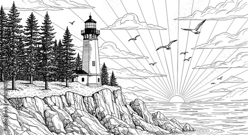 Black and White Vintage Woodcut Style Illustration of a Coastal Lighthouse on a Rocky Cliff with Pine Trees at Ocean Sunrise