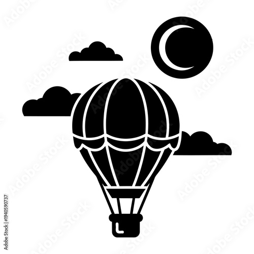 Hot air balloon flying in the sky with clouds and moon black silhouette icon