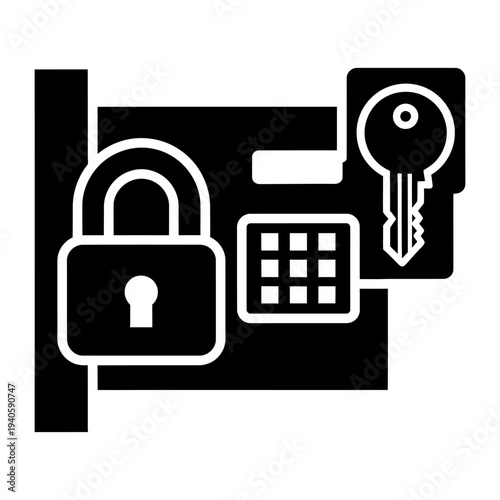 Security icons with padlock, key, and keypad for access control and data protection, minimalist black and white vector illustration
