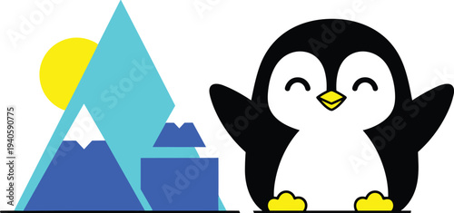 Cute Penguin Cartoon Character Standing by Blue Mountains and Yellow Sun in Flat Vector Style for Winter Cold Climate Design