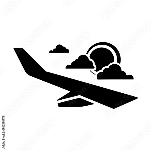 Airplane wing silhouette flying through clouds with sun in the sky minimalist vector icon