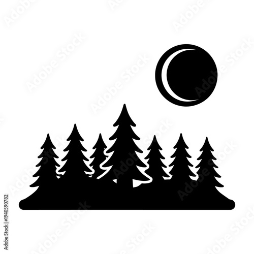 Forest silhouette with moon at night, minimalist wilderness nature scene black vector icon
