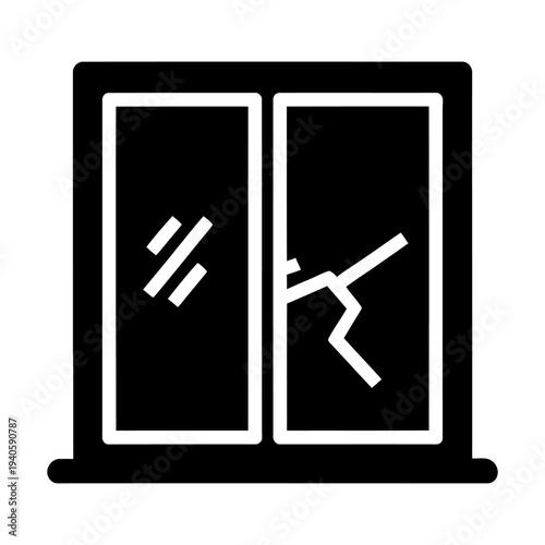 Broken window icon with cracked glass for home repair or insurance concept black solid glyph style