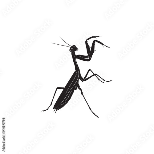 Praying Mantis Silhouette Vector Art Dynamic Pose Alert Predator Insect Graphic Minimalist Black and White Symbol of Nature Wildlife Mystique Elegance Fierce Hunter Unfolding Wings