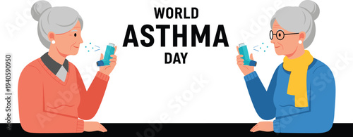 World Asthma Day Illustration Featuring Elderly Women Using Inhalers for Respiratory Health Awareness Medical Healthcare Concept Vector Art with Senior Patients and Lung Disease Prevention Theme