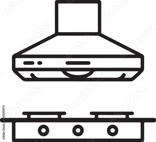 Modern Kitchen Range Hood and Stovetop in Simple Line Art with Black Color on White Background for Home Decor