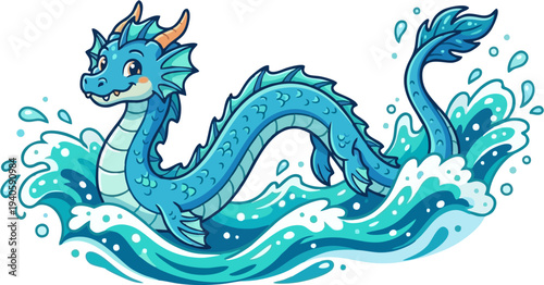 Kawaii Happy Blue Sea Dragon Snaking Waves Splash, Adorable Aquatic Mythical Creature Flat Cartoon Mascot Vector