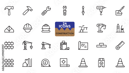 Collection of construction tools and safety equipment line icons for various projects