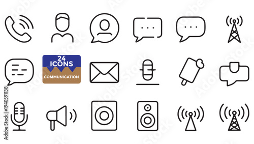 Collection of communication icons depicting phones messages and network signals