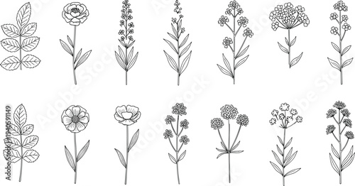 Collection of diverse happy children characters silhouettes of animals botanical flowers and birthday party elements cad drawing flat vector illustration