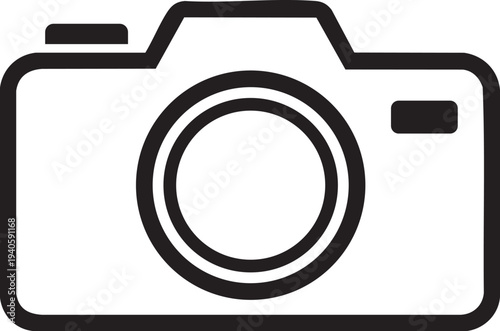Minimalist camera icon, black outline on white background, photography symbol