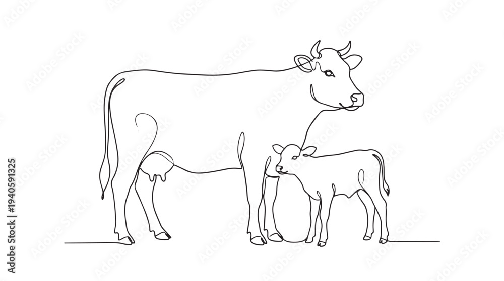 Obraz premium Elegant continuous line art illustration of a mother cow and her calf, symbolizing nurturing bonds, farm life, and livestock in a minimalist vector style