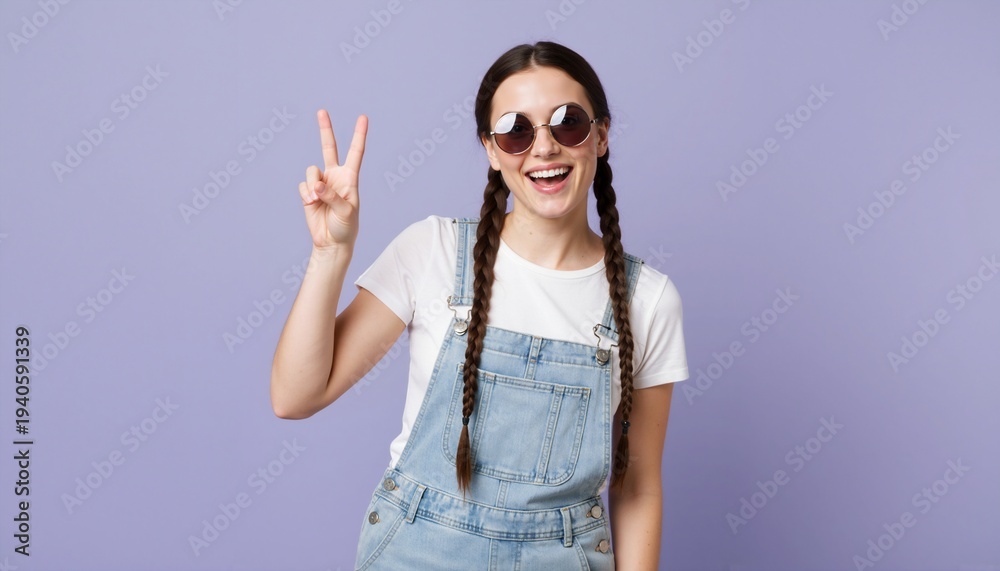 Naklejka premium Cheerful young woman with braids and sunglasses making peace sign. Girl in denim overalls posing against purple background. Fun and positive lifestyle portrait