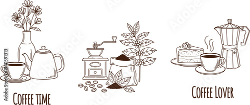 Coffee time and coffee lover hand drawn line art set with beans grinder moka pot cake cad drawing flat vector illustration