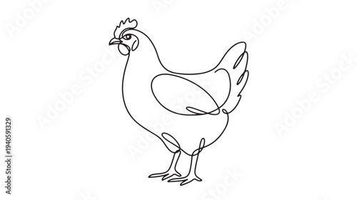A detailed and expressive one-line drawing of a standing chicken, capturing its form and elegance with minimal strokes
