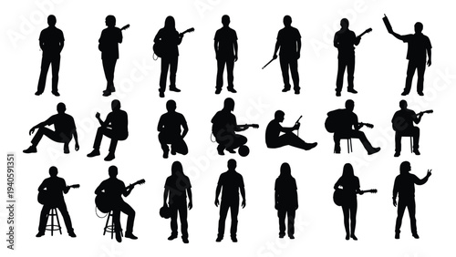 Black silhouettes of people in various poses with guns