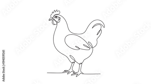 A single line drawing of a chicken in profile view, black and white illustration