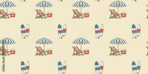 Retro Summer Beach Day Seamless Pattern with Deck Chairs Surfboards and Umbrellas