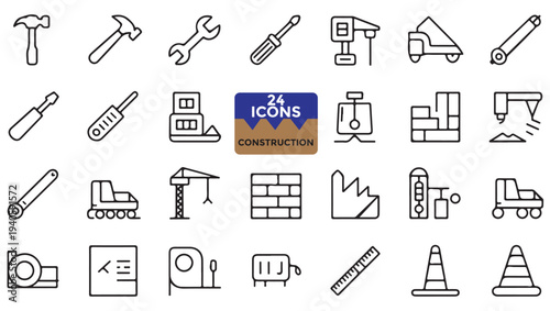 Collection of construction tools and vehicle icons in a simple line art style