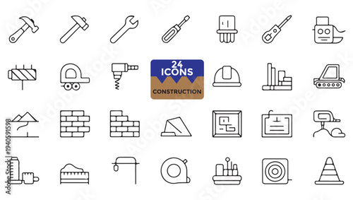 A collection of construction tools and building related icons in linear style