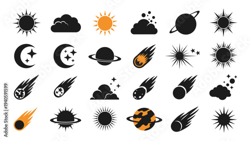 A collection of various celestial bodies and space icons