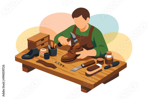 Cobbler repairing a leather boot with tools on a workbench.