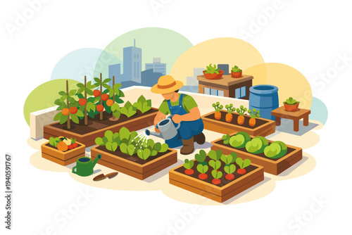Urban Rooftop Garden with Gardener Watering Plants.