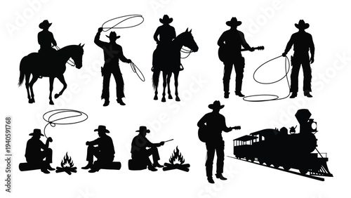 A group of cowboys and cowboy silhouettes