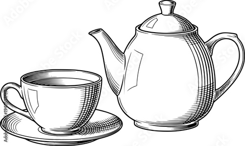 Vintage Black and White Line of a Teapot and Cup a Saucer drink