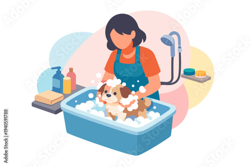 Woman bathing a small dog in a blue tub with soap and water.