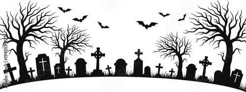 Dark spooky graveyard silhouette illustration with bats, eerie trees, gravestones, and crosses, perfect for Halloween, horror, gothic, and haunted-themed creative design projects