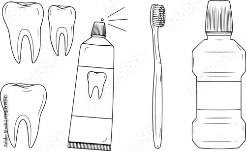 Dental Hygiene Toothbrush Toothpaste Mouthwash and Teeth White Background