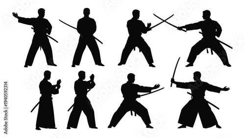 Collection of martial arts poses with swords