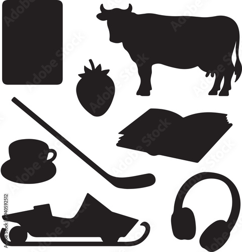 Set of 8 black silhouette icons vector