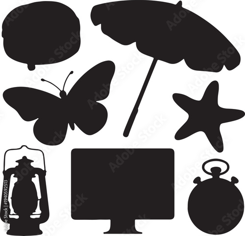 Set of 8 black silhouette icons vector