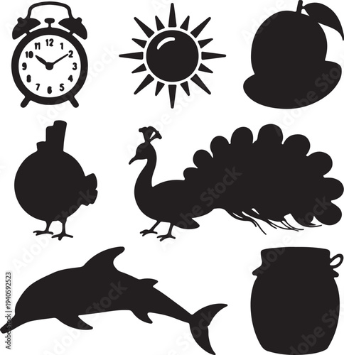 Set of 7 animal and object silhouettes vector