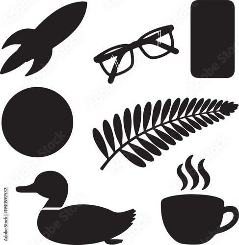 Set of 7 black silhouette icons vector