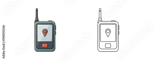 Portable handheld GPS navigation device with location marker on screen presented in two versions colored flat cartoon and black line art isolated on a white background