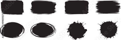 A collection of black brush stroke shapes and rectangles on a white background