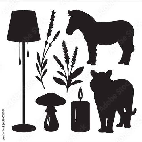 Set of 6 black silhouettes: horse, cat, lamp, plants, mushroom, candle vector