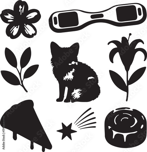 Set of 8 black silhouette icons vector