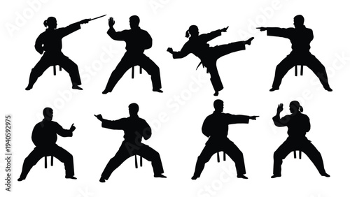 Martial arts silhouettes in various fighting stances and poses