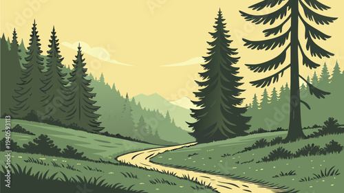 Flat Design Vector Illustration of Forest Landscapes with Trees and Misty Background