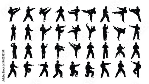 Various karate stances and movements in black silhouette