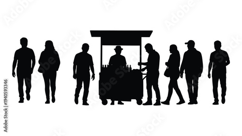 A group of people standing around a food cart