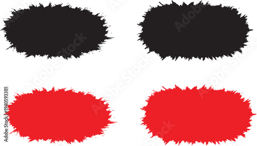 A graphic design element featuring four fuzzy circles in black and red on a white background for artistic or decorative use