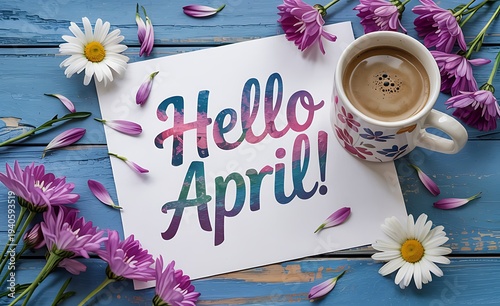 Hello april text on paper with coffee cup and purple daisies, spring flowers, blue wooden background, seasonal greeting concept