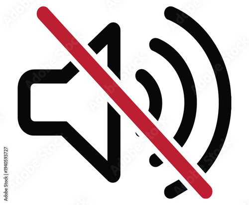 Mute speaker icon with a red diagonal line, a symbol indicating no sound or audio turned off on transparent background