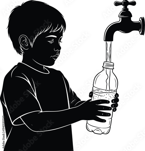 Black and white vector illustration depicting a young child carefully collecting precious drinking water from a faucet into a plastic bottle